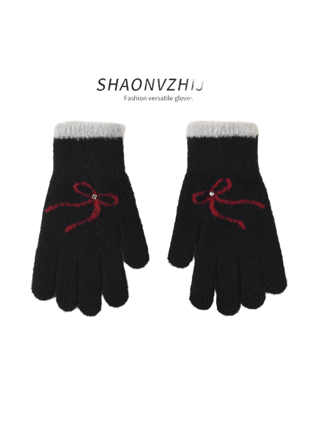 Black gloves with red bow motifs and contrasting cuffs