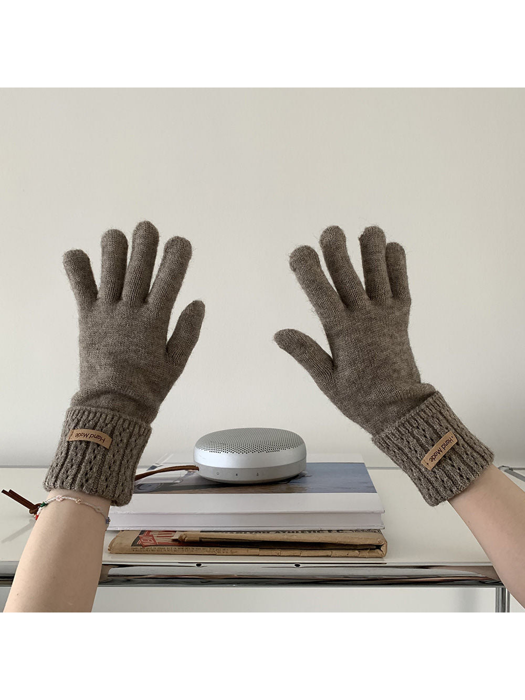 Coffee gloves with extended ribbed cuffs, worn back view