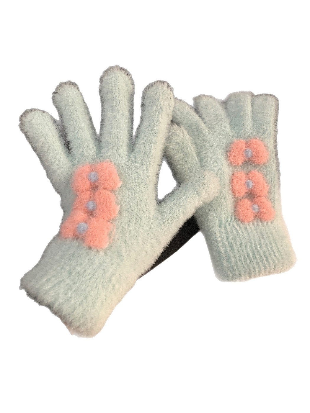 Yellow fuzzy gloves with three contrasting flower appliqués and ribbed cuffs