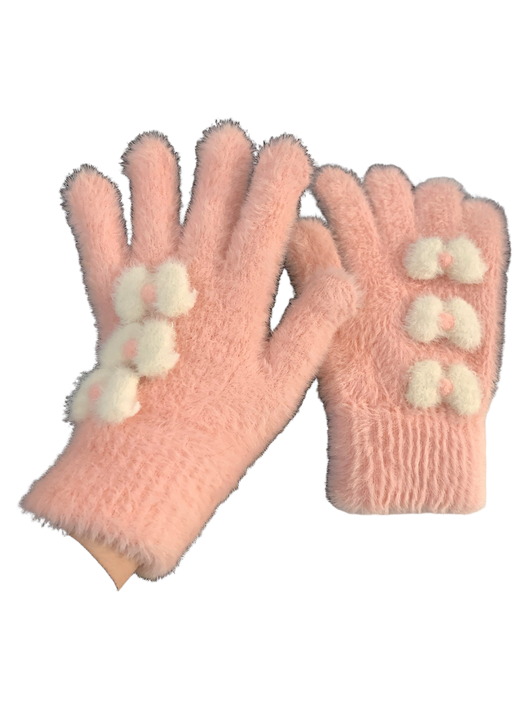 Light pink fuzzy gloves with ivory flower appliqués and ribbed cuffs