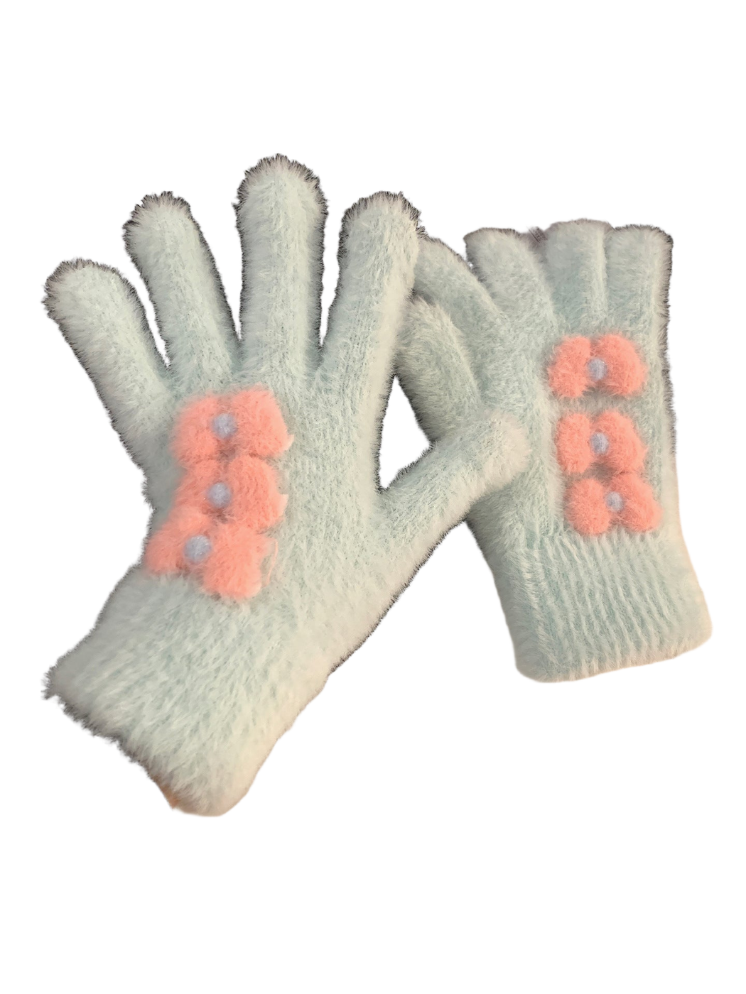 Light blue fuzzy gloves with pink flower appliqués and ribbed cuffs