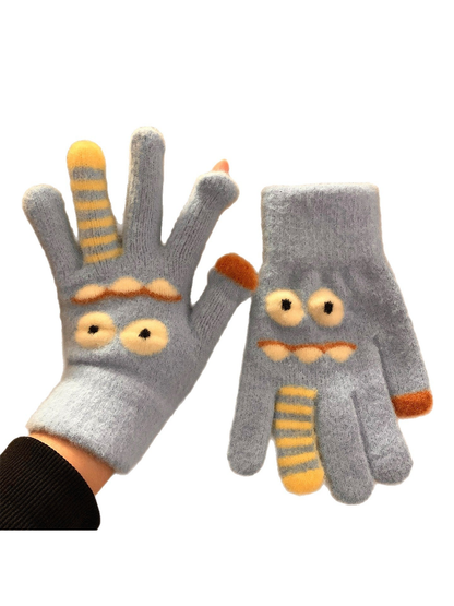 Light Blue cartoon monster gloves with raised eyes and striped finger accents