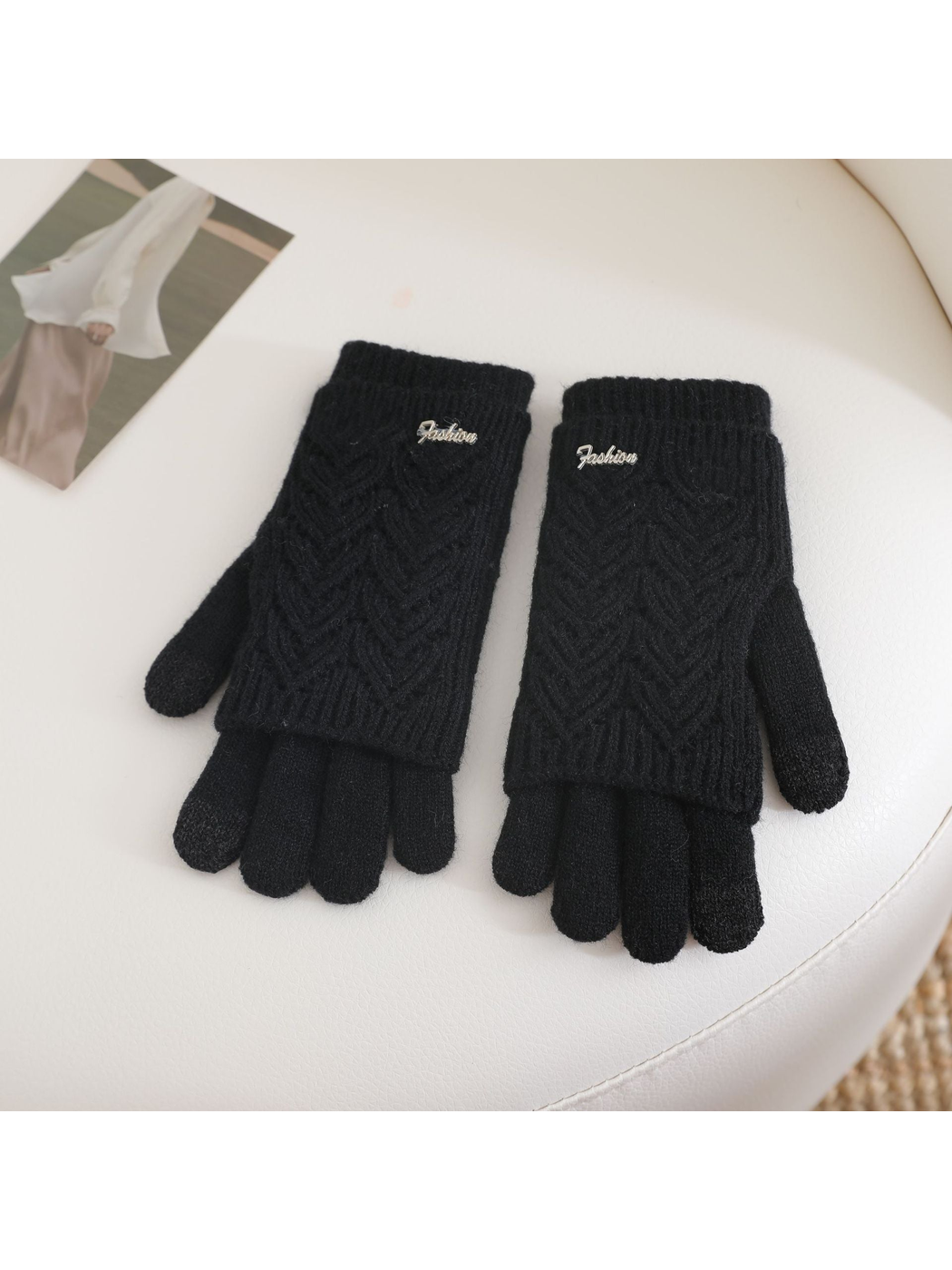 Black openwork layered gloves with ribbed cuffs, front view