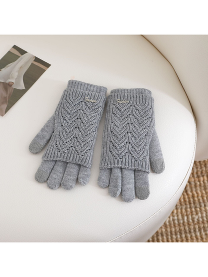 Gray openwork layered gloves with ribbed cuffs, front view