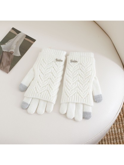 White openwork layered gloves with gray contrast fingertips, front view