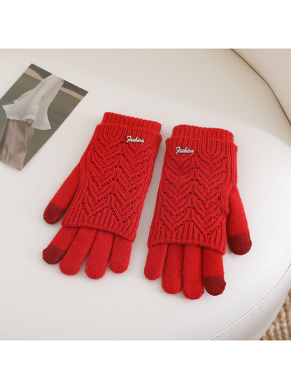 Red openwork layered gloves with dark red contrast fingertips, front view
