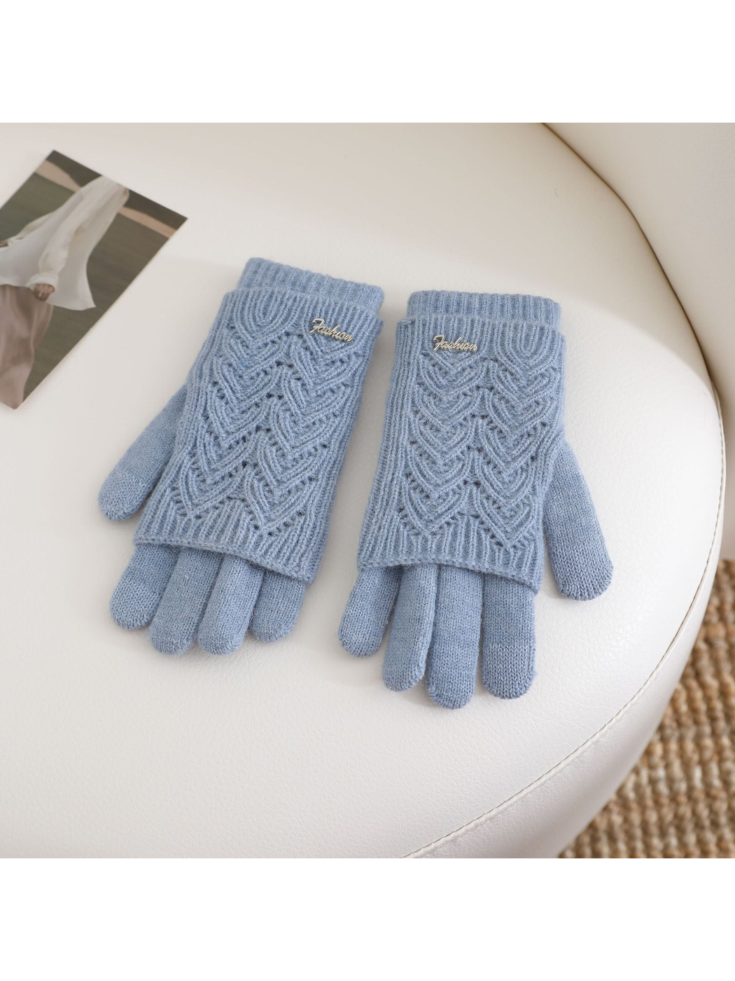 Light Blue openwork layered gloves with ribbed cuffs, front view