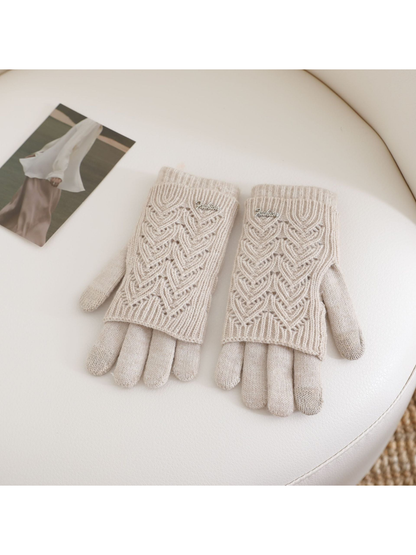 Beige openwork layered gloves with ribbed cuffs, front view