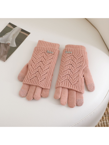 Dusty Pink openwork layered gloves with ribbed cuffs, front view