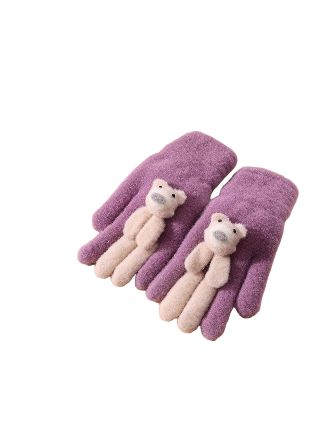Purple fuzzy gloves with cream teddy bear appliques, tabletop view