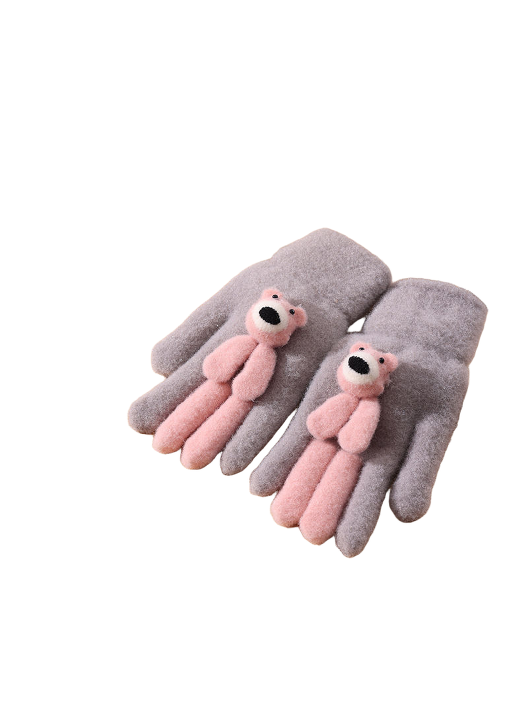 Gray fuzzy gloves with pink teddy bear appliques, tabletop view