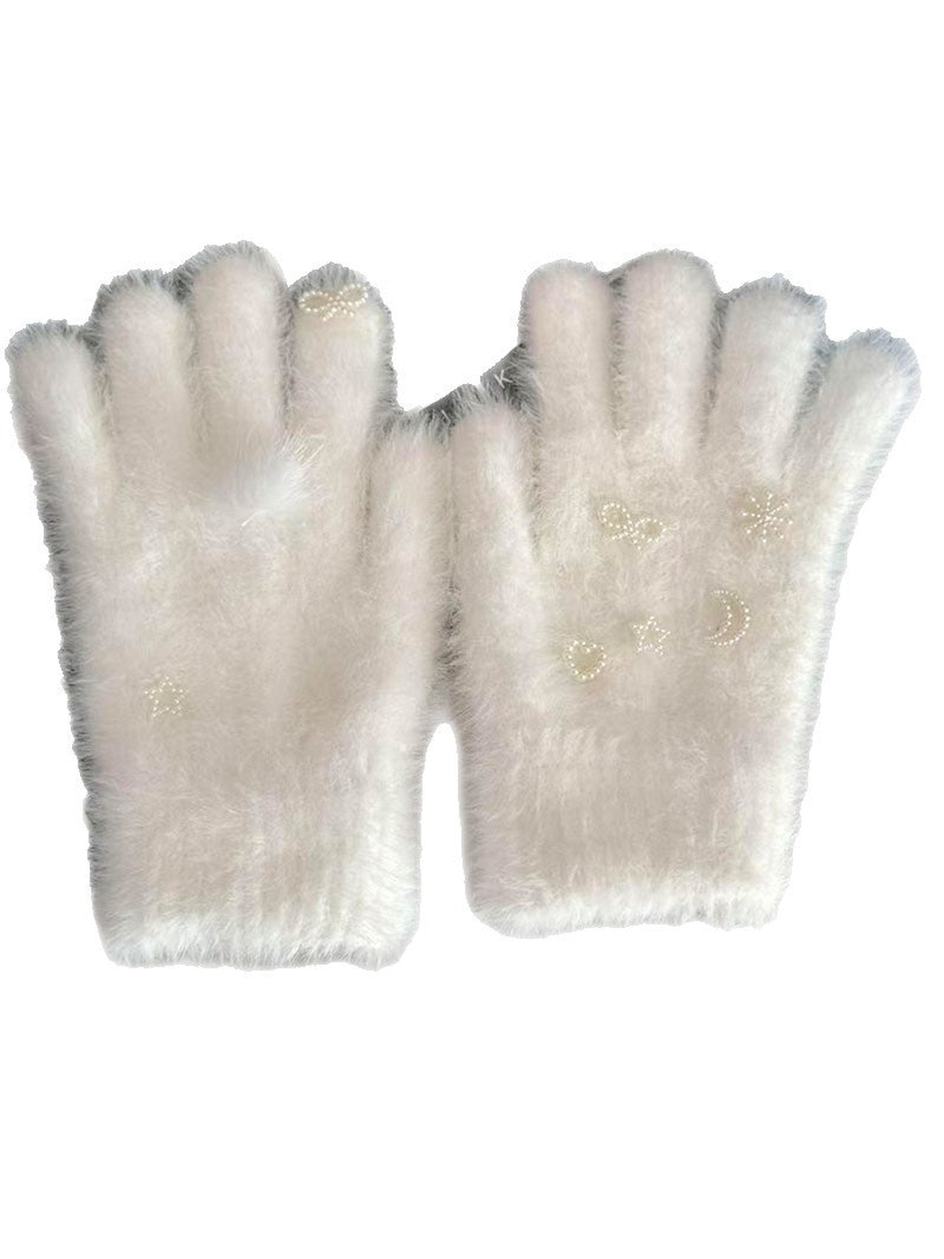 White fuzzy gloves with pearl-like celestial motifs and a pom-pom accent
