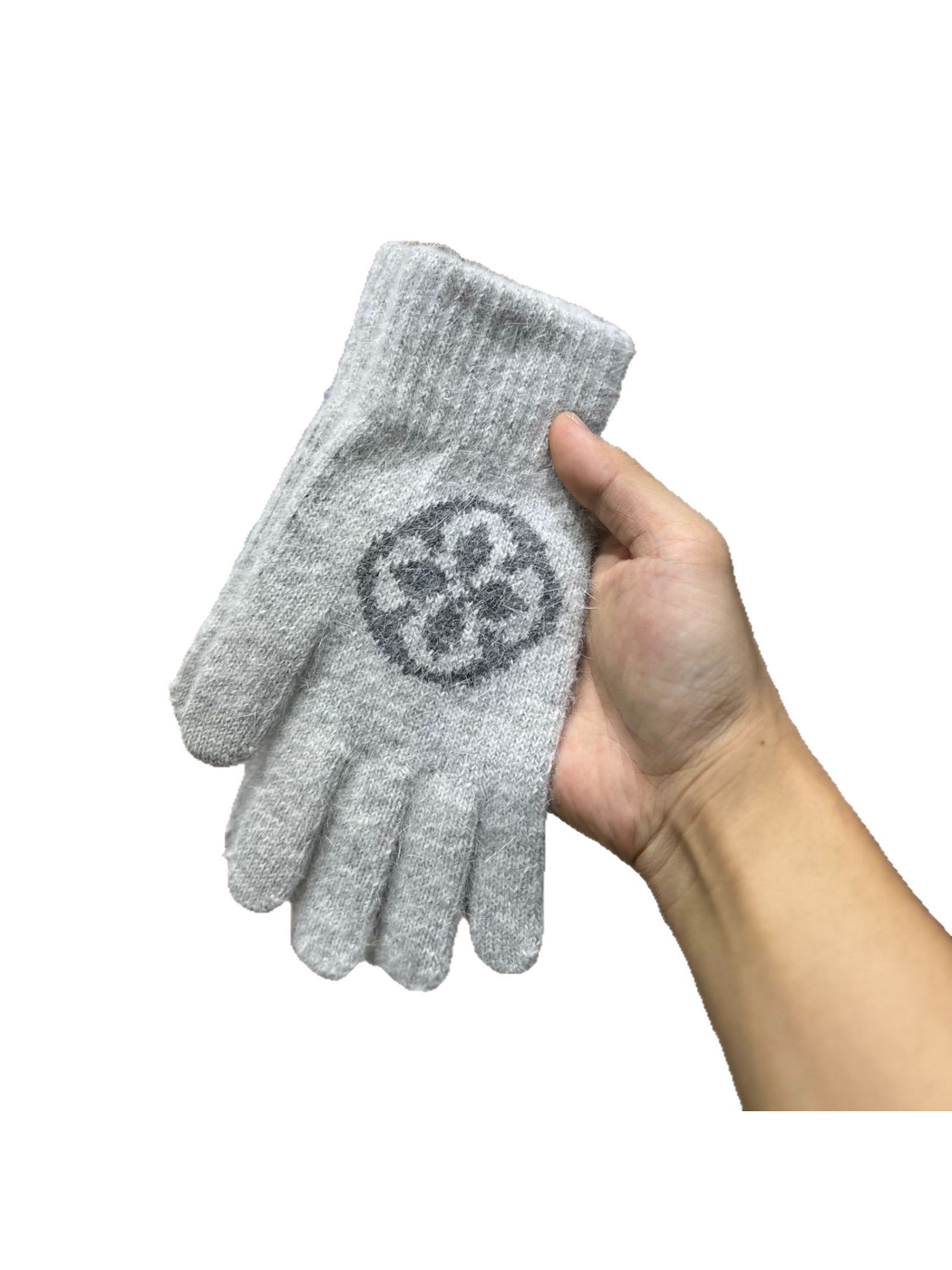 Light Gray fuzzy knit gloves with circular floral motif, front view