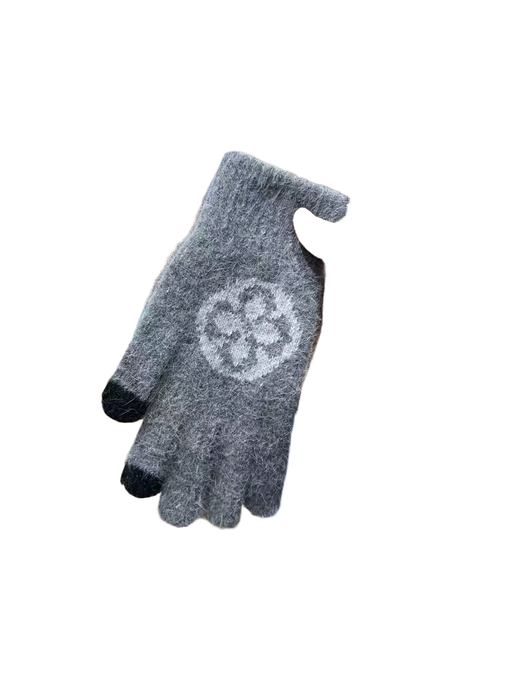 Dark Gray fuzzy knit gloves with contrasting fingertips and circular floral motif