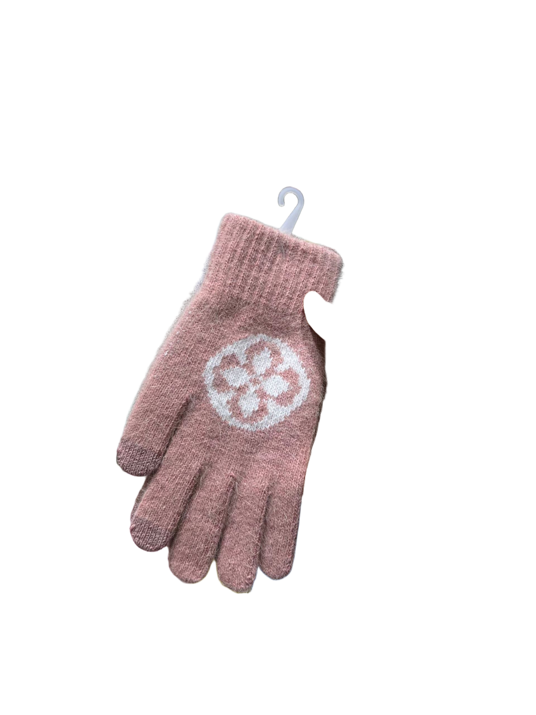 Dusty Pink fuzzy knit gloves with circular floral motif, front view