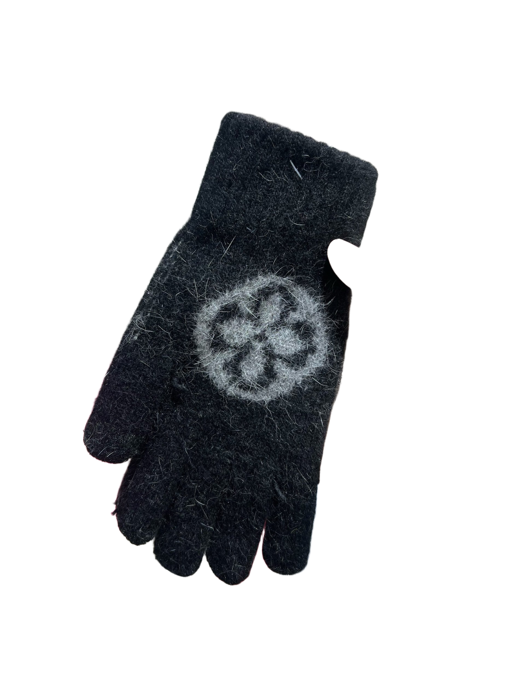 Black fuzzy knit gloves with gray circular floral motif, front view