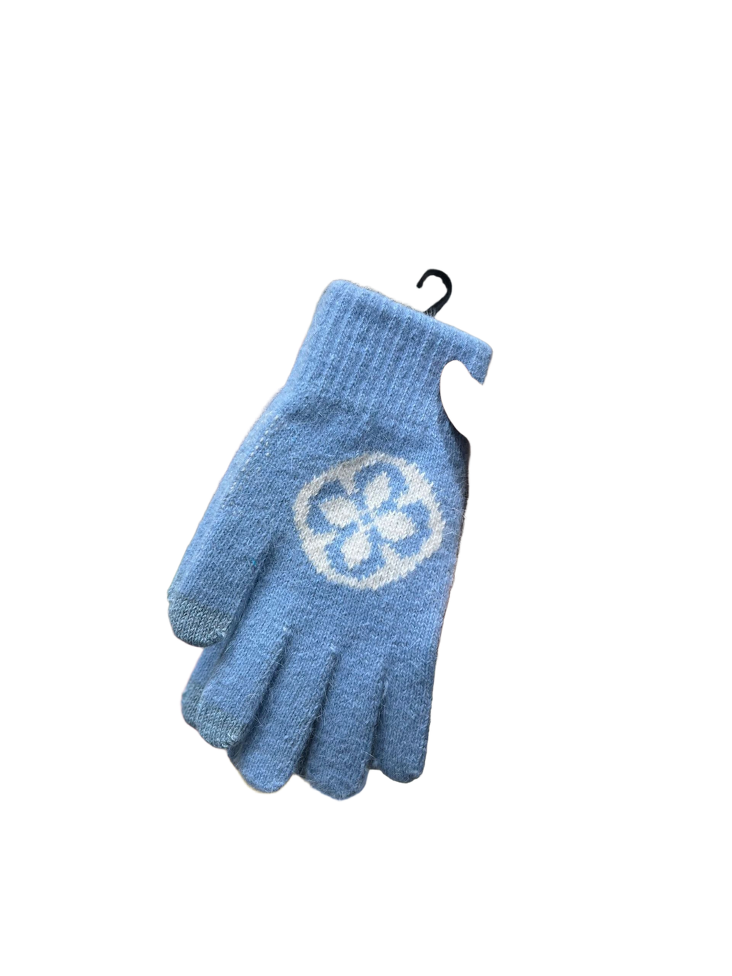 Light Blue fuzzy knit gloves with white circular floral motif, front view