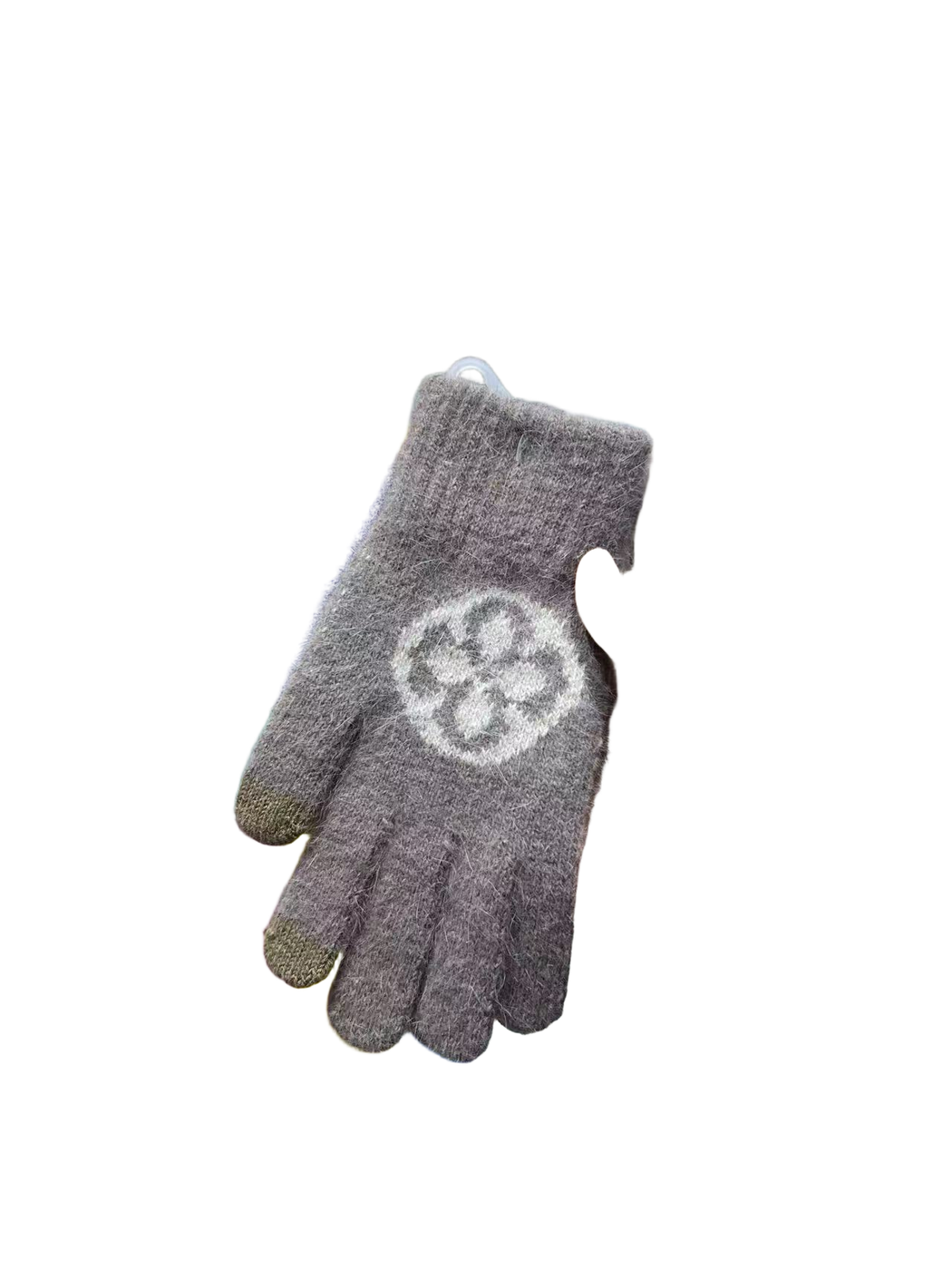 Coffee fuzzy knit gloves with light circular floral motif and contrasting fingertips