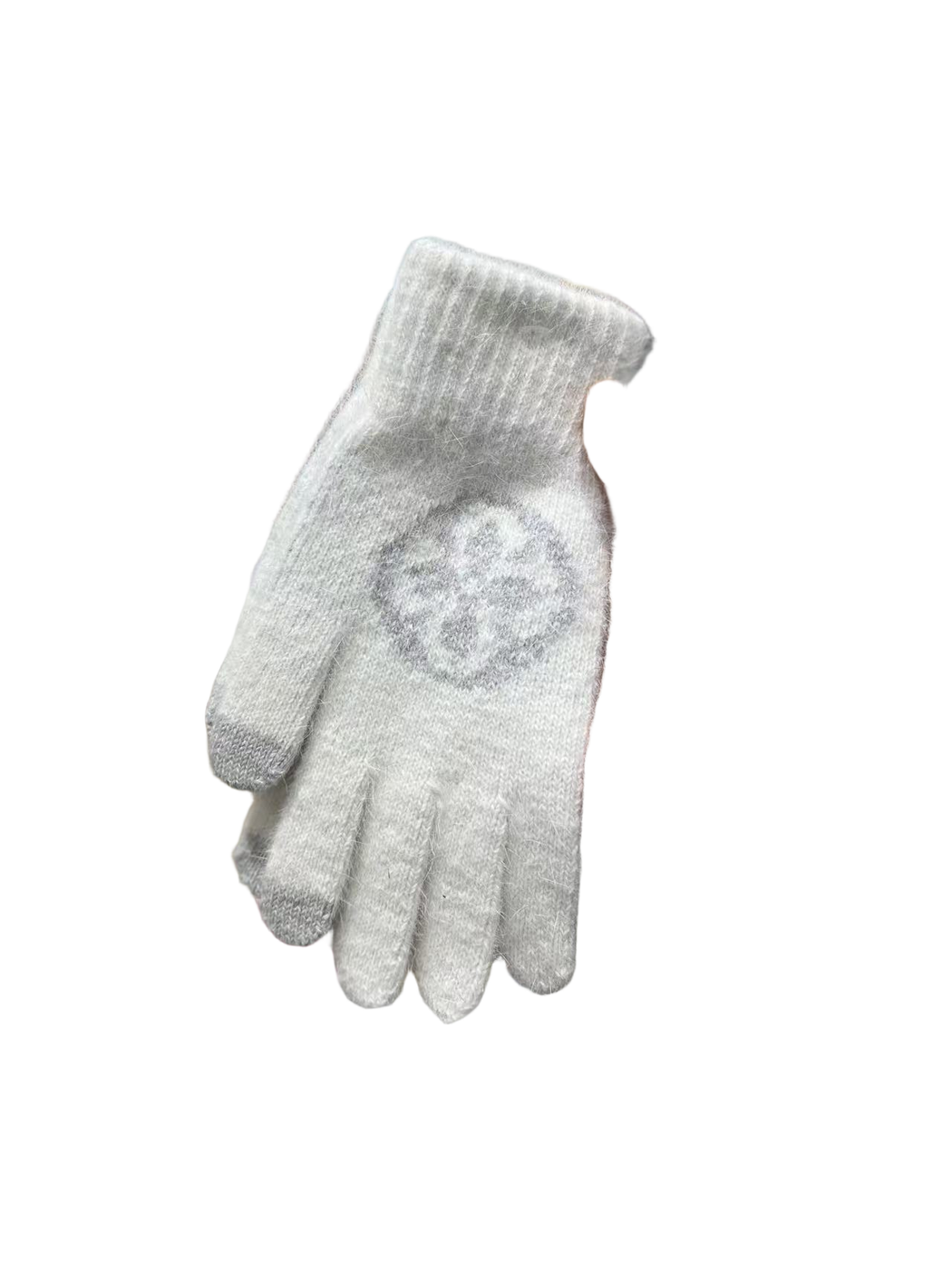 White fuzzy knit gloves with pale gray circular floral motif, front view