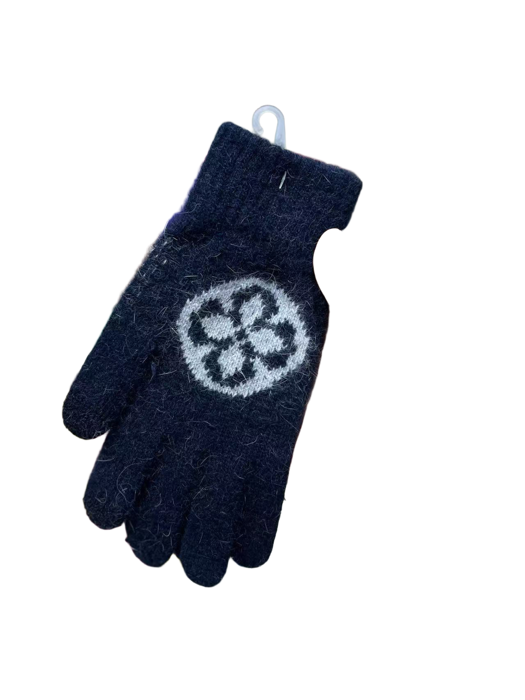 Navy fuzzy knit gloves with light gray circular floral motif, front view
