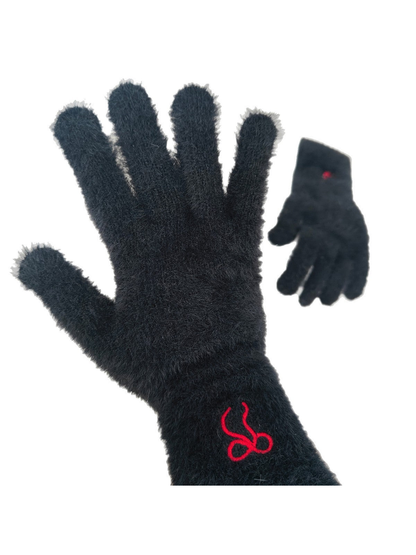 Black fuzzy gloves with red embroidered bow motif