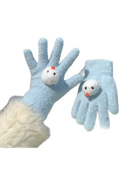 Light blue snowman-face gloves, one worn and one displayed flat