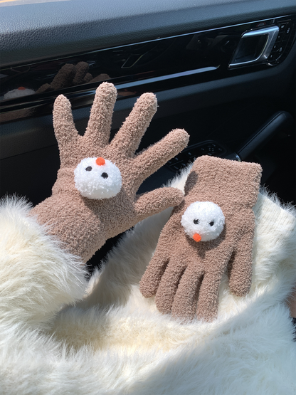 Coffee snowman-face gloves, one worn and one displayed flat