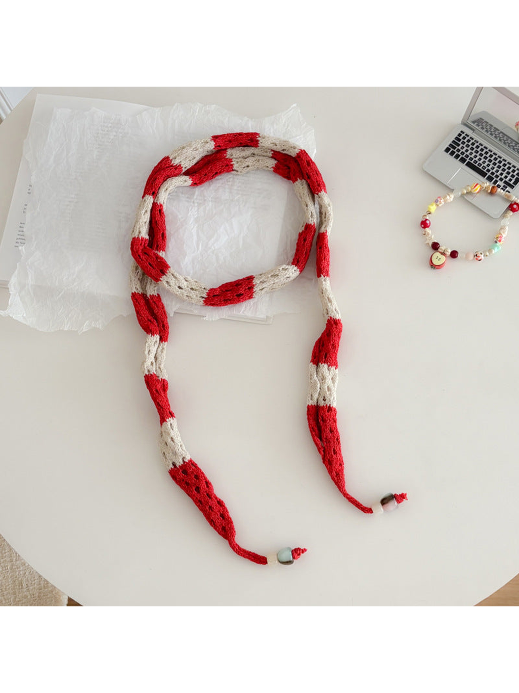 Red Ivory openwork long narrow scarf with bead-tipped ends