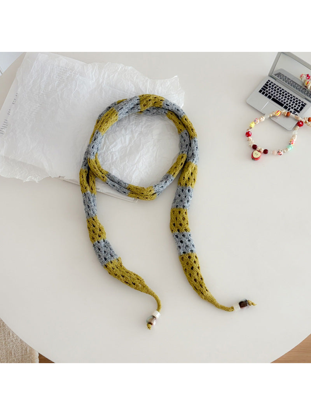 Mustard Gray openwork long narrow scarf with bead-tipped ends