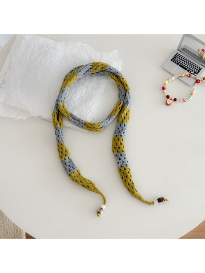 Mustard Gray openwork long narrow scarf with bead-tipped ends