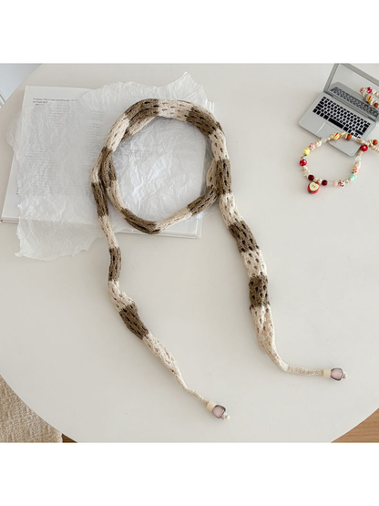 Beige Brown openwork long narrow scarf with bead-tipped ends