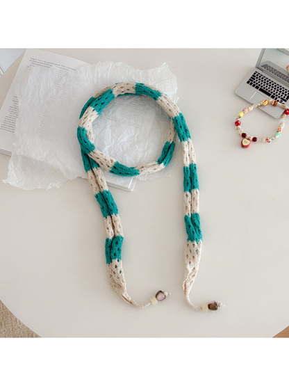 Turquoise Ivory openwork long narrow scarf with bead-tipped ends