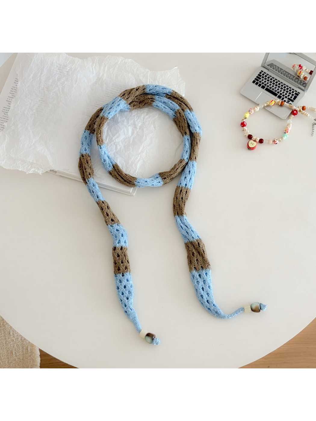 Blue Brown openwork long narrow scarf with bead-tipped ends