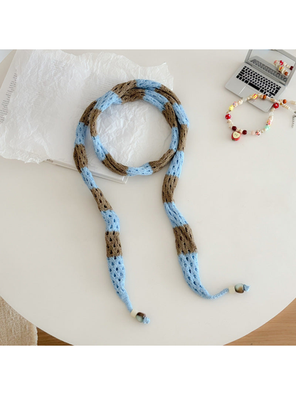 Blue Brown openwork long narrow scarf with bead-tipped ends