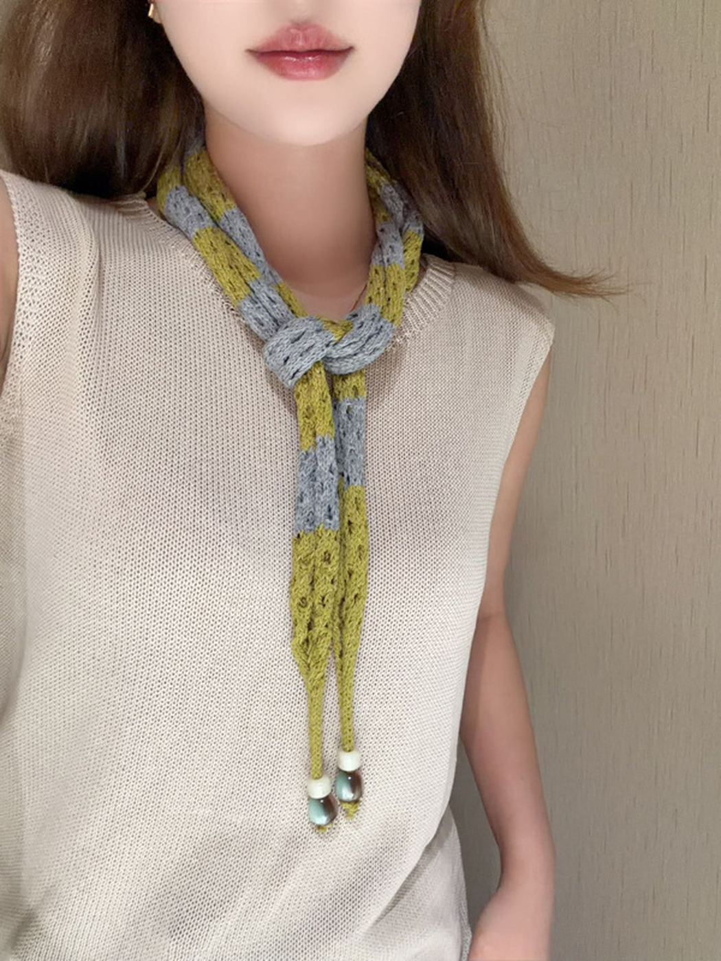 Mustard Gray scarf tied in a short front knot