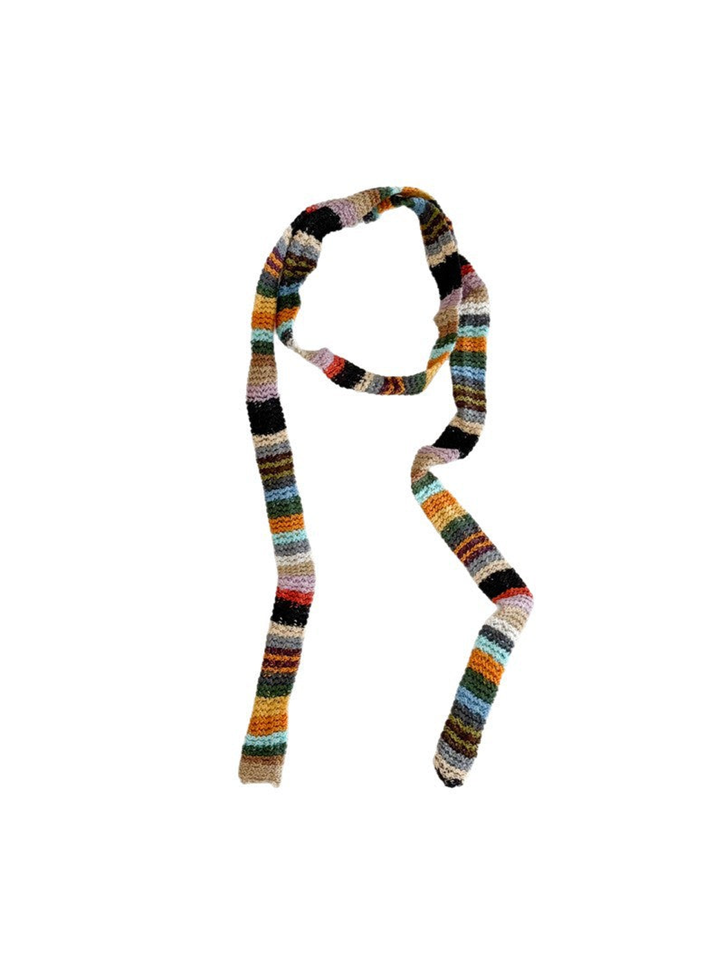 Multicolor striped long narrow scarf on a white background
