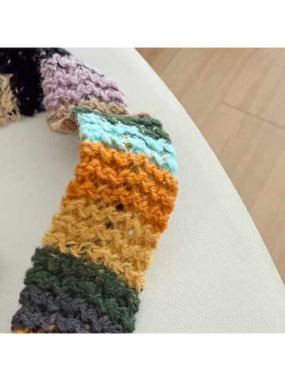 Close-up of the scarf's multicolor looped openwork texture