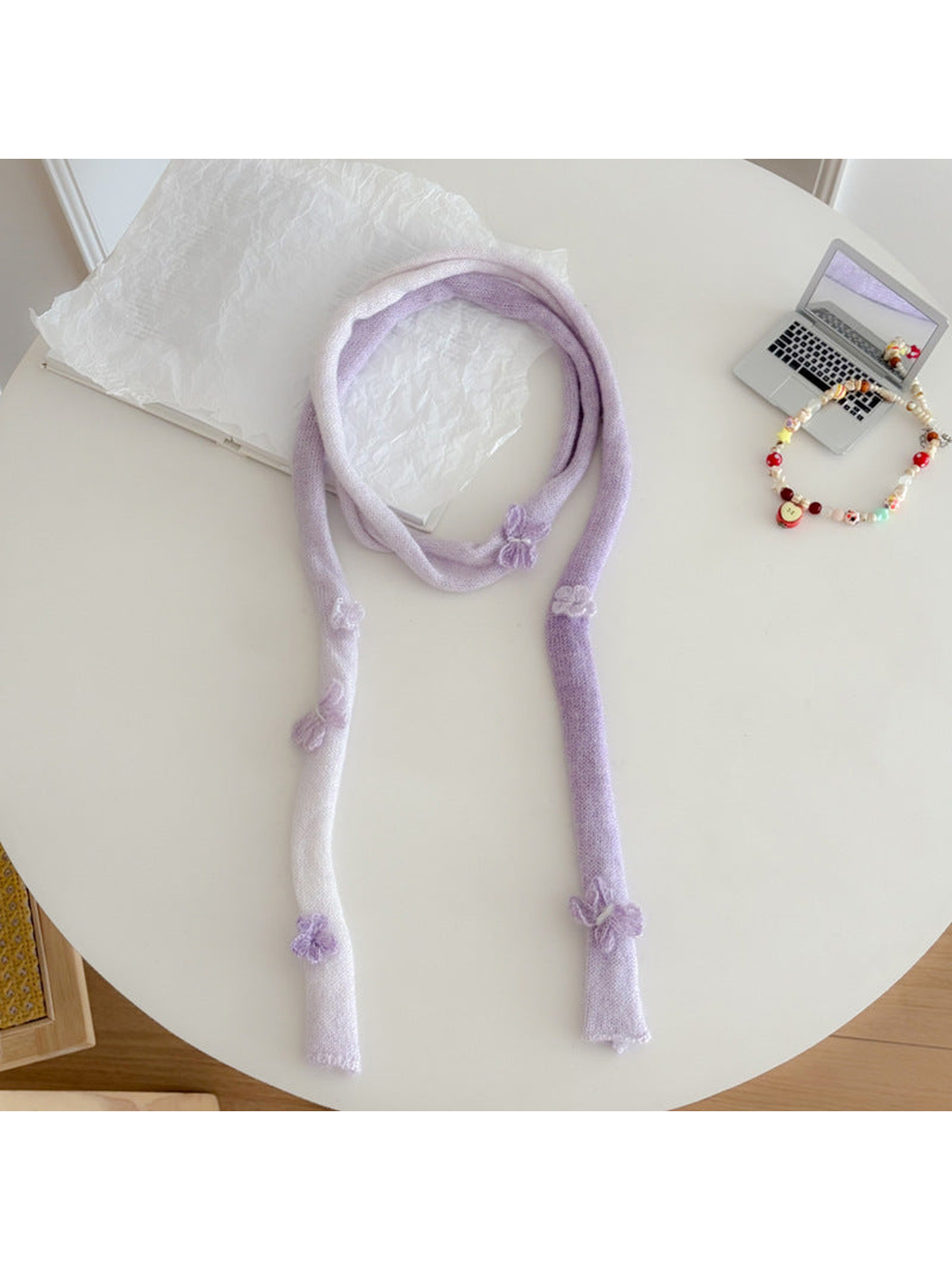 Light Purple gradient knit scarf with butterfly appliqués, full view