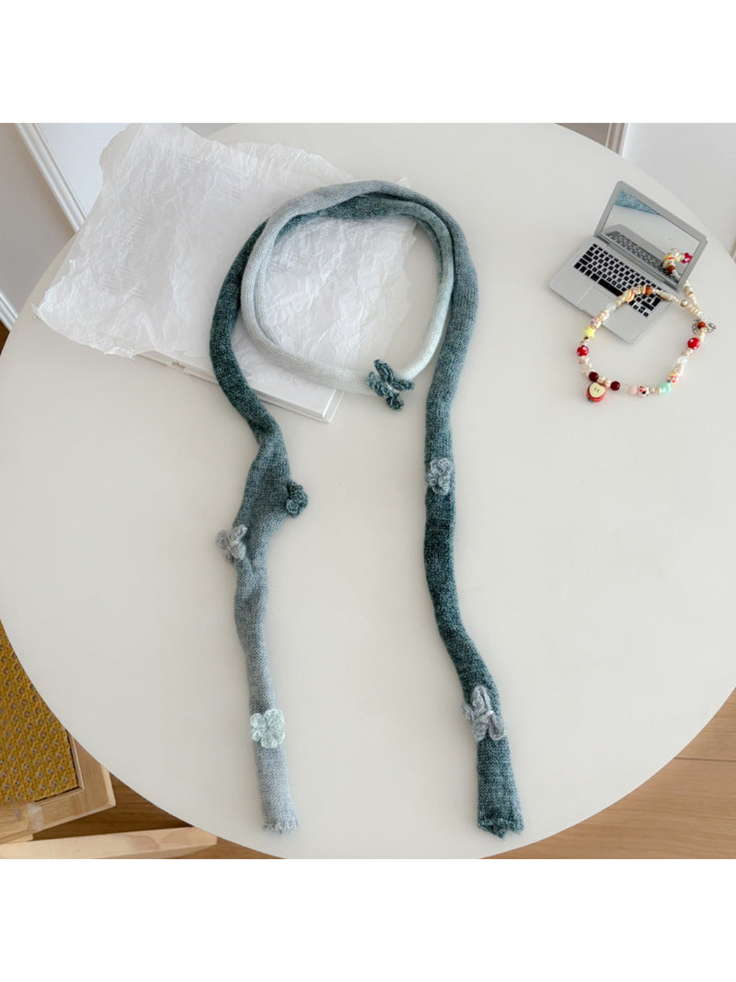 Gray Blue gradient knit scarf with butterfly appliqués, full view