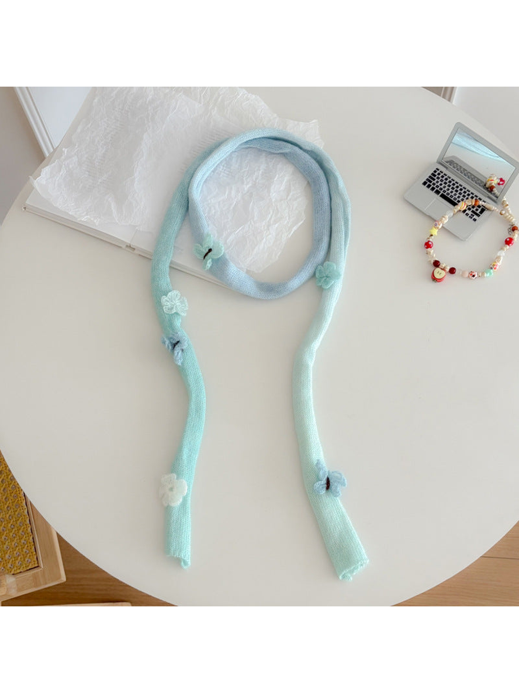Light Blue gradient knit scarf with butterfly appliqués, full view