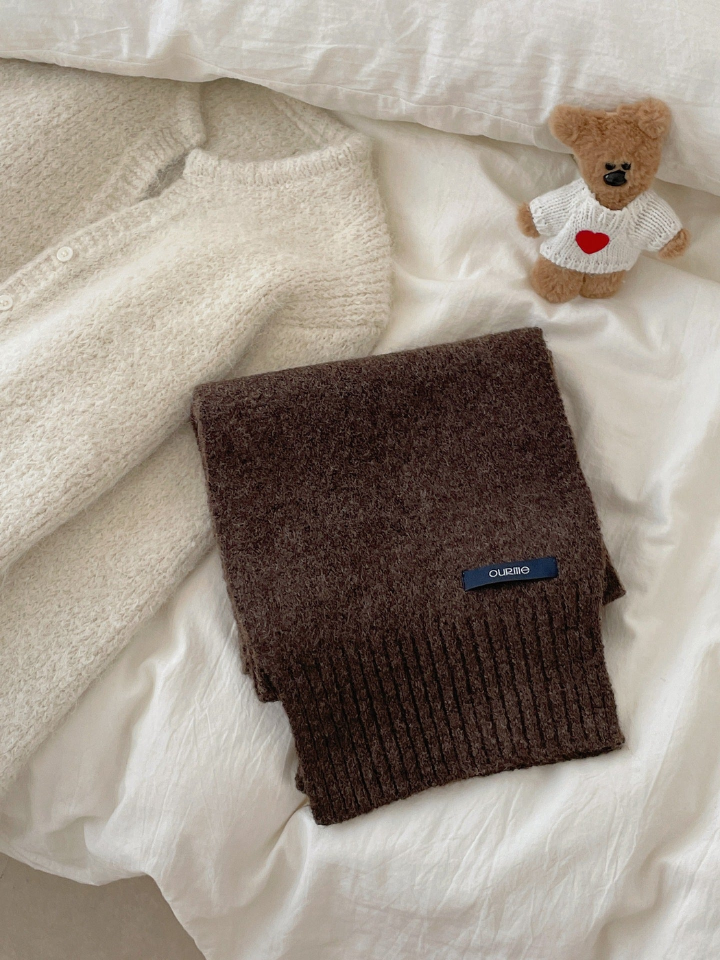 Dark Brown textured scarf with wide ribbed ends, folded display