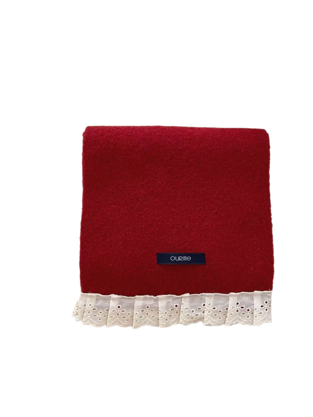 Red brushed scarf with white floral eyelet lace trim