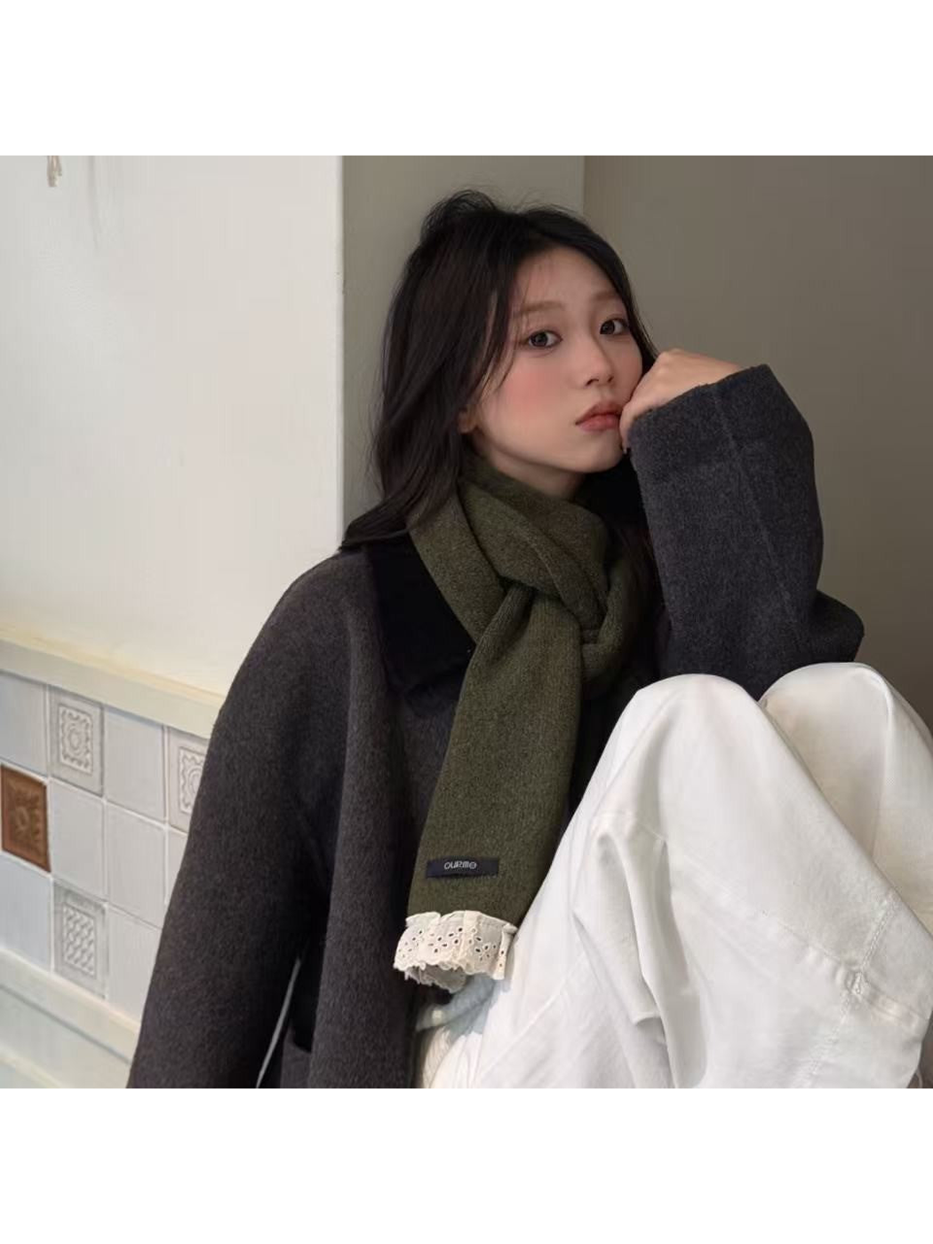 Army Green lace-trim scarf worn with a charcoal coat