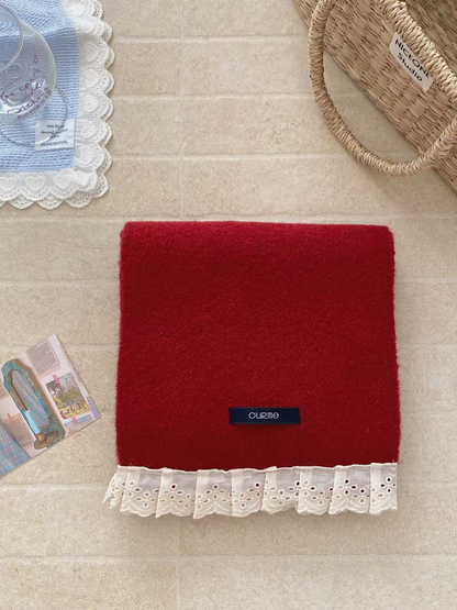 Red scarf with white floral eyelet lace trim
