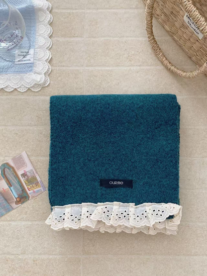Teal Blue scarf with white floral eyelet lace trim