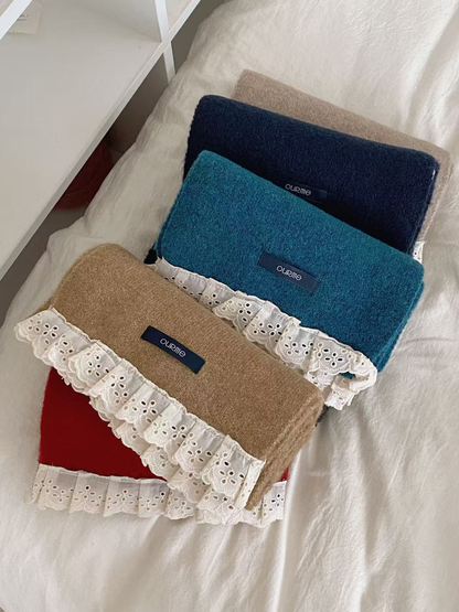 Five lace-trim scarf colors arranged in an overlapping stack