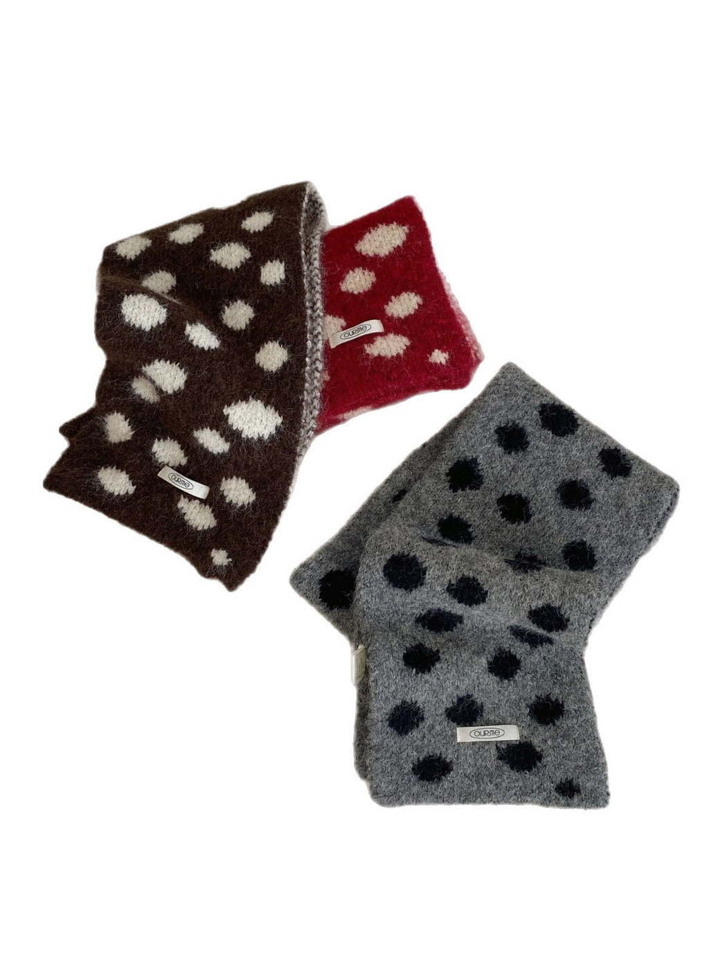 Coffee Ivory, Red Ivory and Gray Black scarves arranged on a white background