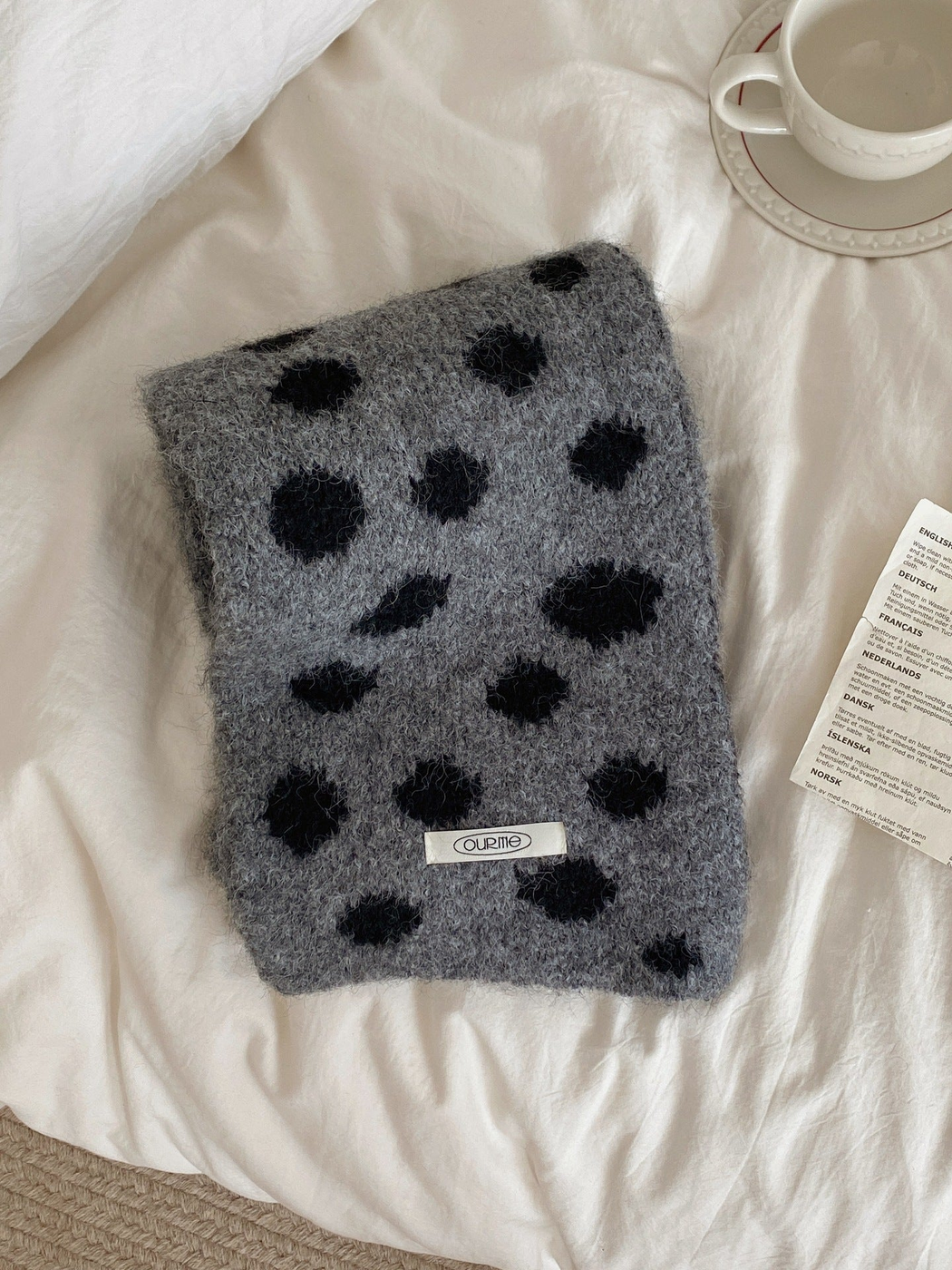 Gray Black irregular polka dot scarf, folded view
