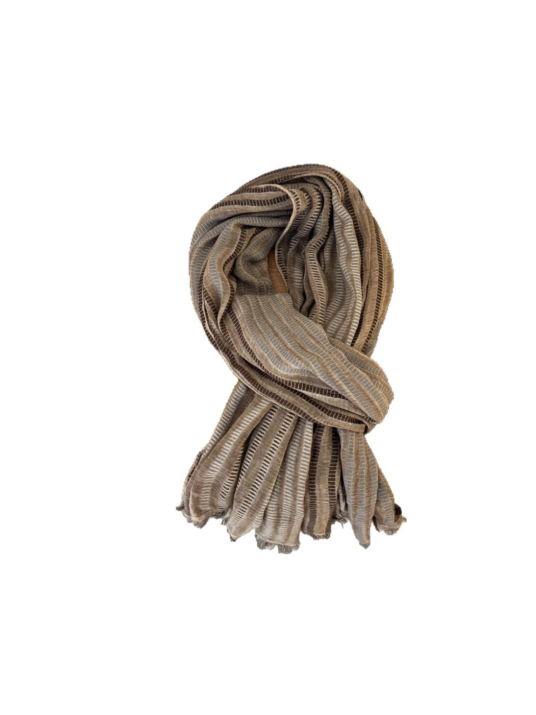 Striped scarf with openwork bands and short fringe on a white background