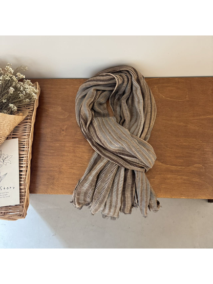 Camel striped scarf with openwork bands and short fringe